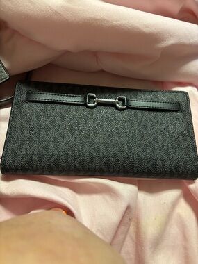 Black Women's Leatherette Crossbody Wallet with Silver Bit Detail